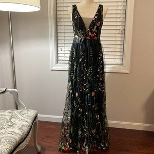 V Neck Black Floral Prom Dress long A Line